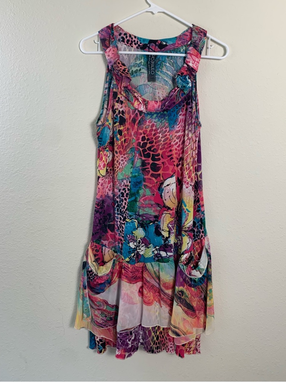 Sao Paulo Womens Abstract Animal Floral Print Ruffle Neck Mini Dress Size 10